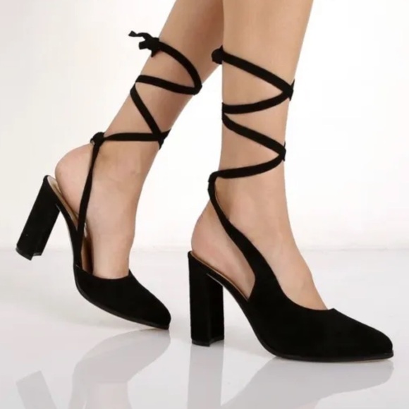 𝅺RAYE Ives Black Suede Ankle Tie Block Heel Mules 7 - Picture 1 of 6